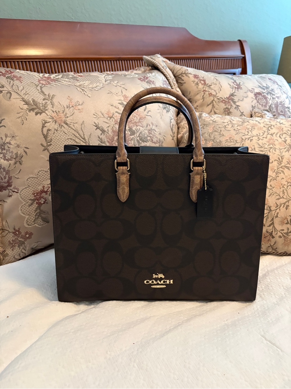 Coach Brown Signature Logo Tote with Black Straps